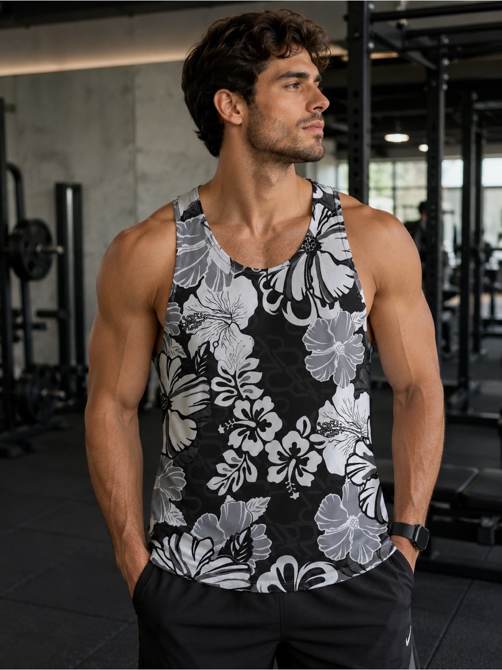 RUFskin Men’s Gray Floral Racerback Tank Top